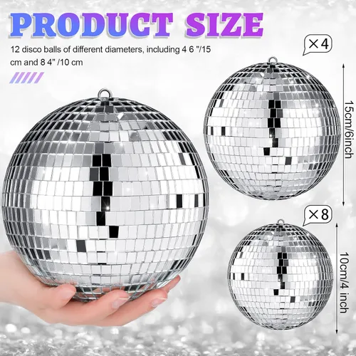 Vista 3 de Libima Paquete de 12 Bolas de Discoteca Grandes de Navidad Decoración de Diferentes Tamaños Espejo Plateado Colgantes Adornos de Bola de Discoteca