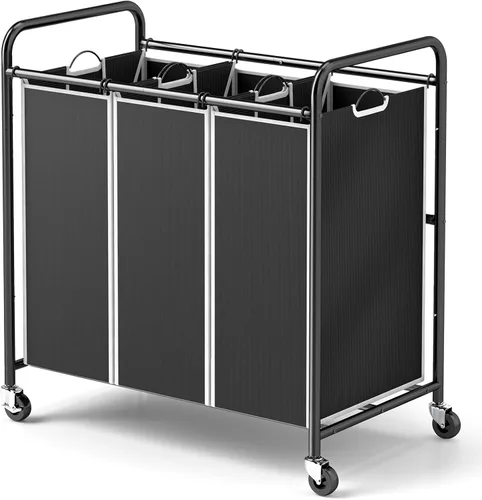 Vista 9 de ROMOON Organizador de lavandería, cesta de lavandería resistente de 3 secciones con ruedas y forros extraíbles, organizador que ahorra espacio