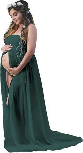YnimioAOX Vestido de maternidad de tubo sin tirantes con hombros descubiertos para mujer, para fotografía, vestido de gasa frontal dividido para