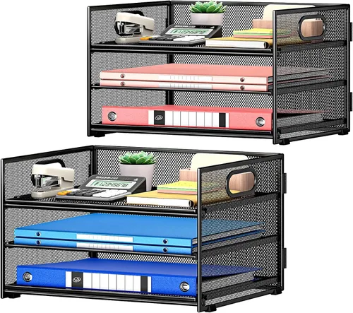 SUBEKYU 2 paquetes de organizador de bandejas de cartas de 3 niveles para escritorio, organizador clasificador de archivos de malla metálica negra