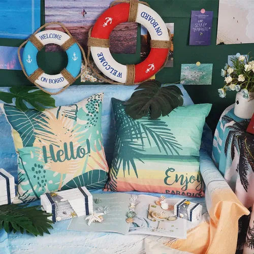 Vista 4 de ONWAY Juego de 4 fundas de almohada decorativas con temática de playa de 16 x 16 pulgadas con diseño de Hello Summer para decoración de fiesta