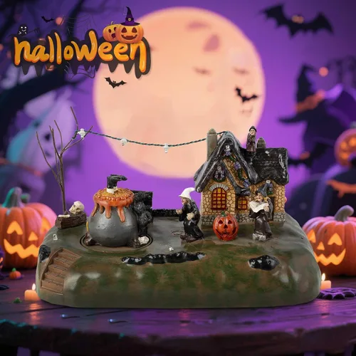 Vista 6 de Figura de caldero de bruja de pueblo de Halloween con casa iluminada, ciudad espeluznante, accesorios de decoración de interiores, para exhibición