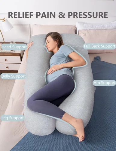 Vista 2 de AngQi - Almohada de embarazo con funda de jersey, almohada de cuerpo completo en forma de U para mujeres embarazadas, color gris