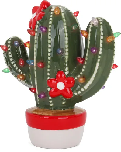 Vista 3 de Milltown Merchants Cactus de Navidad de cerámica – Cactus de árbol de Navidad de cerámica vintage – Cactus de árbol de Navidad iluminado – Cactus