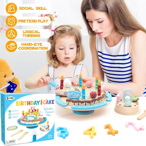 Vista 6 de HAPGFS Juego de pastel de cumpleaños de madera para niños, pastel de cumpleaños realista con velas y frutas para juegos de simulación, juguetes