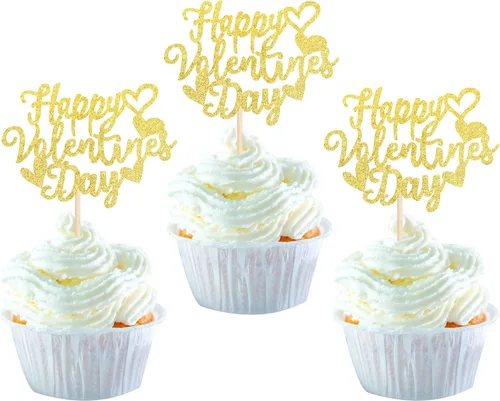 Vista 44 de Paquete de 24 adornos para cupcakes con purpurina en forma de corazón con temática de amor dulce, decoración de pasteles para el día de San
