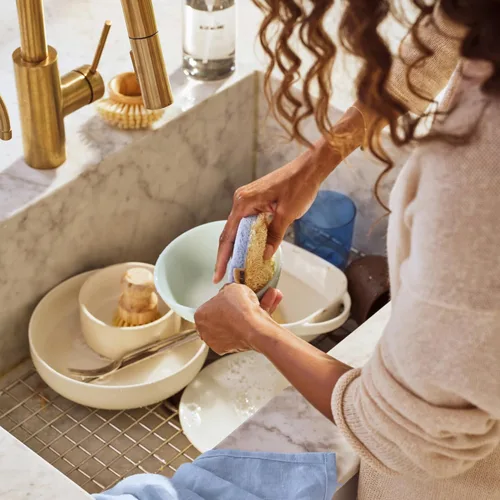 Vista 2 de BLUELAND Esponja para fregar, paquete de 3, esponja para platos de doble cara, sin plástico, para cocina a base de plantas, antiarañazos