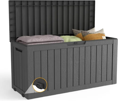 Vista 20 de Caja de almacenamiento para exteriores de 35 galones, caja de resina impermeable y con cierre para terraza, grande, contenedor de almacenamiento
