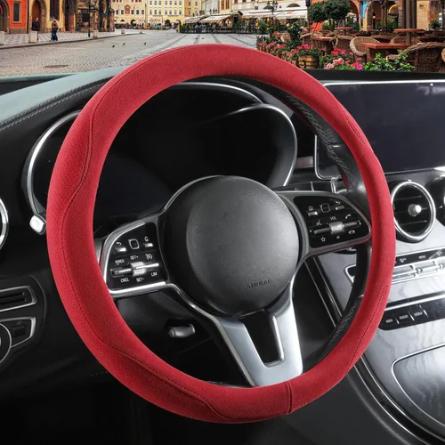 Vista 28 de Funda para volante en forma de D de gamuza negra de 14 pulgadas, transpirable, antideslizante, a prueba de sudor, resistente al desgaste, sin