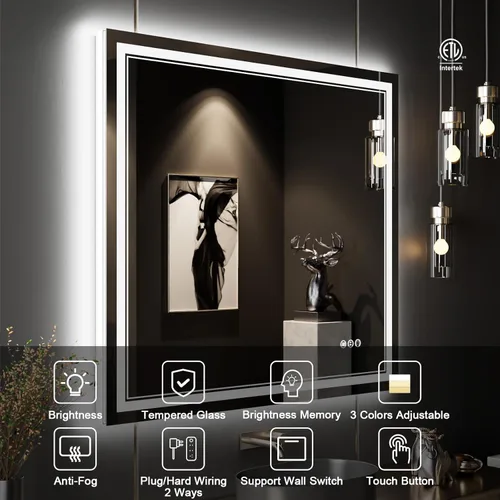 Vista 2 de Espejo de baño LED de 40 x 36 pulgadas con luces, retroiluminado y frontal iluminado para pared, antiempañamiento, regulable, memoria inastillable