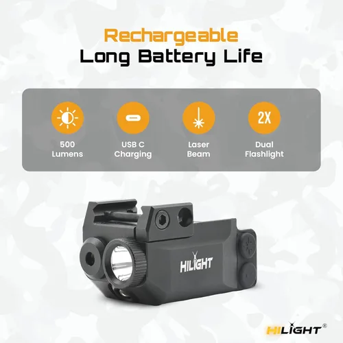 Vista 7 de HiLight Tactical Pathfinder - 500 Lumens Strobe Flashlight with Path/Stair Illumination Light Laser with Rechargeable USB Battery - Rail Mount Light