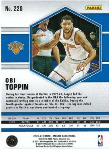 Vista 2 de 2020-21 Panini Mosaic #220 Obi Toppin RC Rookie New York Knicks NBA Basketball Trading Card
