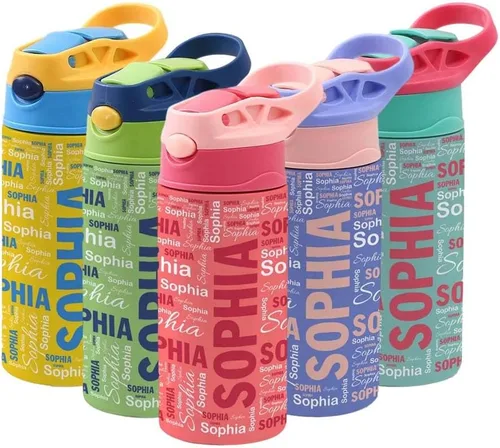 Vista 9 de Botellas de agua personalizadas para niños, botella de agua de 12 onzas con nombre personalizado con popote y asa, botella de agua reutilizable