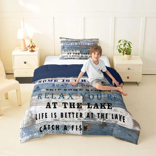 Vista 43 de Lake Life - Juego de edredón de tamaño matrimonial, juego de ropa de cama con remo de lago rústico, decoración de casa de lago, regalos de casa