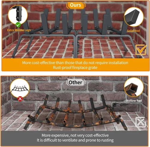 Vista 6 de Rejilla de chimenea resistente de 21 pulgadas, estante de troncos de acero sólido para quema de madera, rejillas de leña extra anchas para chimenea
