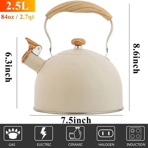 Vista 2 de Vilihkc Hervidor de té de 2.6 litros, tetera para estufa, acero inoxidable de grado alimenticio con mango plegable con patrón de madera, silbato