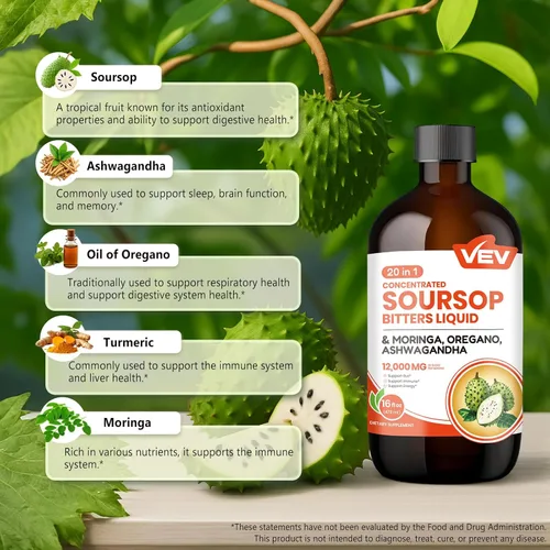 Vista 3 de VEV Líquido amargo de guanábana, fórmula sin azúcar con extracto de graviola, 20 en 1, con semilla negra, moringa y orégano, salud digestiva