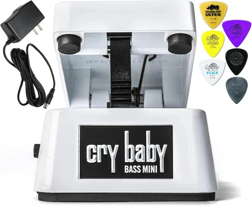 Dunlop CBM105Q Cry Baby Mini Bass Wah Pedal Bundle con fuente de alimentación de 9 V y 6 púas Dunlop surtidas
