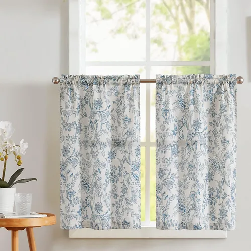Vista 11 de Vangao - Cortinas de lino para cocina con estampado floral, cortinas de nivel de 24 pulgadas, cortinas estilo granja botánica para café, cortinas