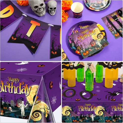 Vista 3 de Juego de vajilla de suministros para fiesta de Halloween, incluye platos de papel desechables de Halloween, cumpleaños, servilletas, vasos, mantel