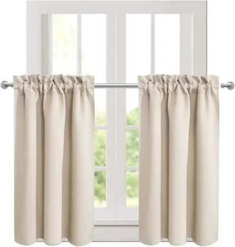 Vista 11 de Aquazolax Half Window Curtains 24 Inch Length, 28" Wide Rod Pocket Small Window Treatment for Kitchen, Bathroom, Camper, Beige, 2 Panels Set