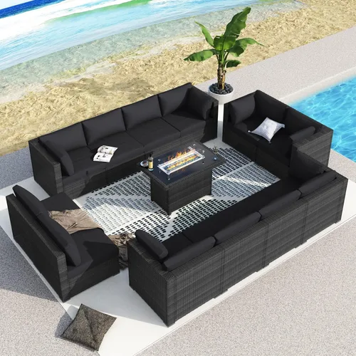 Vista 26 de BULEXYARD Juego de muebles de exterior de respaldo alto de 7 piezas con hoguera, juego de sofá de patio de mimbre duradero para todo tipo de clima