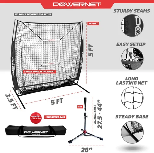 Vista 3 de PowerNet Baseball Net Bundle, 5x5 Travel Net With Softball Accessories for Hitting, Pitching, Training Equipment, Weighted Ball, Tee