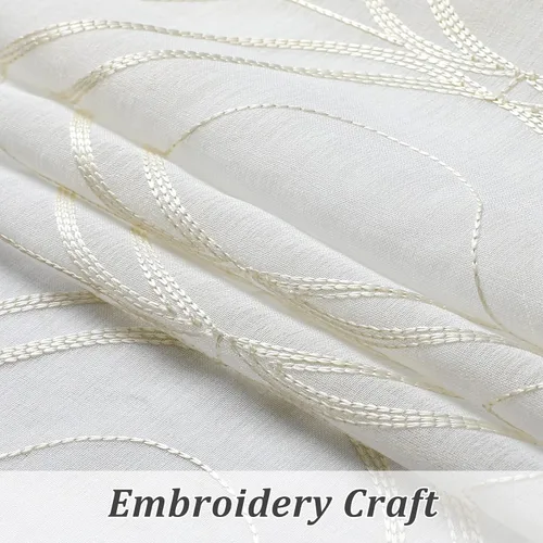 Vista 4 de VISIONTEX Cortinas traslúcidas blancas de 95 pulgadas de largo, juego de 2 paneles de cortinas beige marroquíes bordadas en enrejado, textura