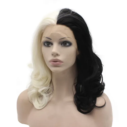 Vista 3 de Mxangel Peluca de encaje frontal de dos tonos medio negro y blanco ondulado para cosplay