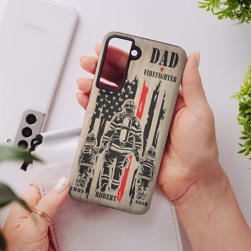Vista 26 de Funda de teléfono personalizada con bandera estadounidense de madera, diseño de bombero de línea roja, diseño de bombero, regalo personalizado