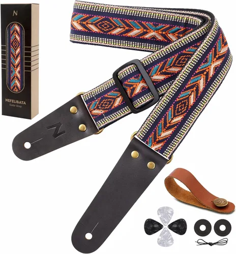 Vista 28 de Nefelibata Correa de guitarra, correas de guitarra de algodón bordadas con extremos de cuero de vaca para bajo, guitarras eléctricas y acústicas