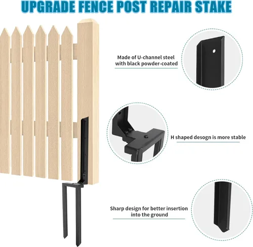 Vista 5 de Juego de 1 estacas de reparación para postes de valla, poste de anclaje de doble punta de suelo con recubrimiento de polvo negro para reparar poste