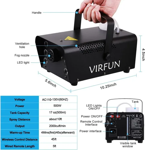Vista 3 de Máquina de niebla, 6 luces LED con efecto de 12 colores, máquina de humo de VIRFUN con control remoto inalámbrico y con cable para fiestas