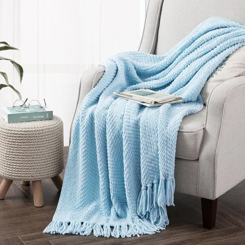 Vista 21 de Manta de punto suave con textura para sofá, manta de tweed crema con borlas de flecos para decoración del hogar, cama, sofá, silla, 50 x 60