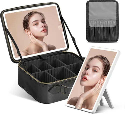 Vista 13 de JUSRON Bolsa Organizadora Portátil para Maquillaje con Divisores Ajustables, Soporte para Brochas de Maquillaje, Negro, L