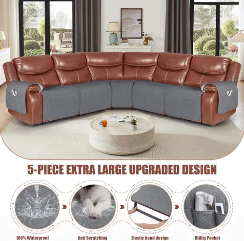 Vista 3 de VANSOFY Fundas Extra Grandes para Sofá Reclinable Seccional, Fundas de Sofá Impermeables de 5 Piezas para Sofá Seccional en Forma de L, Funda Gris