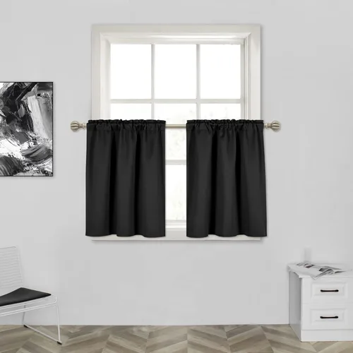 Vista 13 de MUMFAS Cortina pequeña de 36 pulgadas, 2 paneles de cortinas opacas para cocina, ventana corta, cafetería, juego de cortinas con bolsillo para Negro