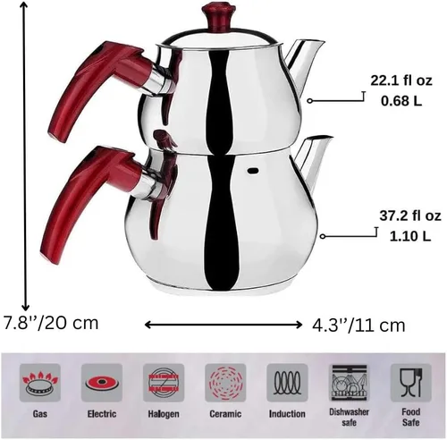 Vista 3 de DESTALYA Juego de tetera turca Ollas de té dobles de acero inoxidable para estufa Tetera con colador Hervidor de té estilo Samovar