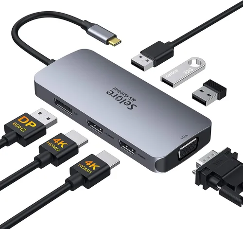 Adaptador USB C a HDMI dual, estación de acoplamiento USB C 7 en 1 a puerto HDMI dual VGA, USB a 3USB 2.0, adaptador de monitor múltiple para Dell