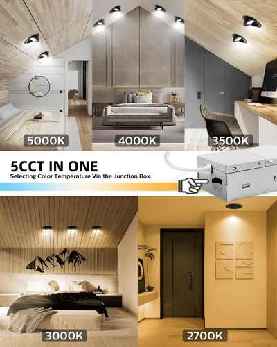 Vista 3 de Adetu luces LED empotrables de 4 pulgadas 5CCT con cardán en negro, iluminación empotrable direccional ajustable 360°+90°, luces de lata LED