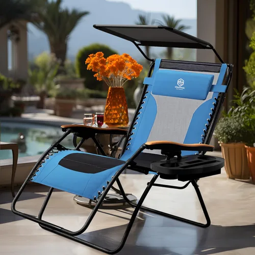 Vista 5 de Zero Gravity - Silla reclinable plegable para exteriores, patio, césped, silla de descanso ajustable con toldo y reposacabezas, bandeja lateral