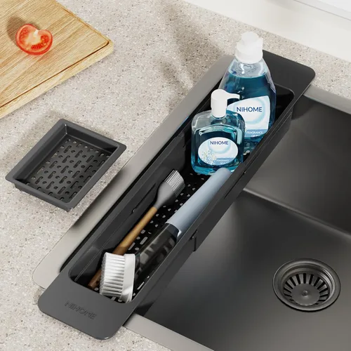 Vista 2 de NiHome Extendable Sink Kitchen Organizer, Extra Long Telescopic Brush Storage Rack for Sponge, Non-Slip Pads Expandable Sink Caddy, Adjustable