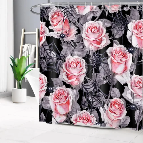 Vista 11 de Scary Halloween Shower Curtain for Bathroom Decor, Horror Spider Web and Pink Floral on Black Shower Curtain Set Spooky Halloween Night Shower