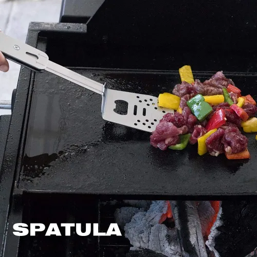 Vista 8 de ROXON Juego de herramientas de barbacoa plegable mini 4 en 1 con espátula, tenedor, pinzas y abrebotellas para acampar y hacer senderismo (gris)