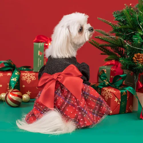 Vista 4 de Fitwarm - Vestido navideño con mangas abullonadas para perros, elegante atuendo navideño para perros, ropa para perritos pequeños, ropa