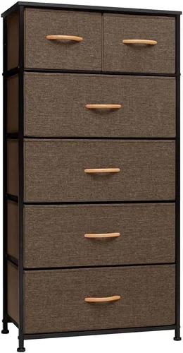 Vista 19 de Crestlive Products Cómoda para dormitorio, torre de almacenamiento alta y delgada, marco de acero resistente, parte superior de madera, cubos