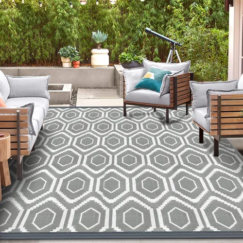 Vista 16 de fifame Alfombra de exterior de 9 x 12, alfombra de patio tejida de plástico gris & blanco