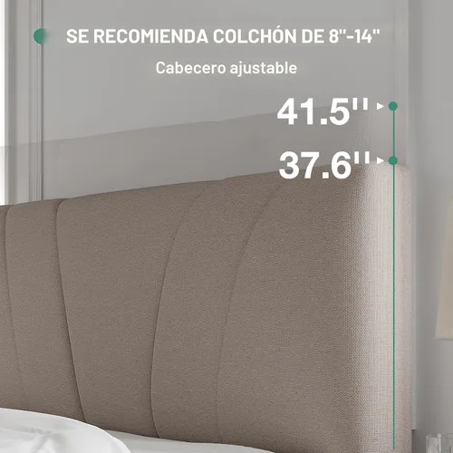 Vista 4 de Novilla Base de cama de tamaño matrimonial con plataforma de cabecera ajustable, base de cama matrimonial con cabecera tapizada de tela de lino,