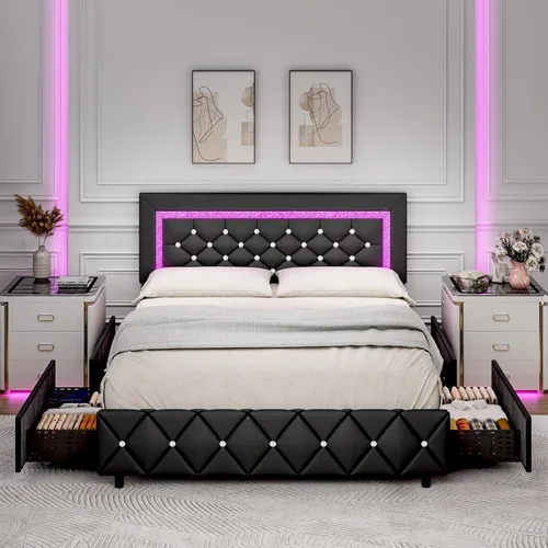 Vista 17 de BarnFurin Marcos de Cama Individual con Luces LED y Cajones de Almacenamiento, Marco de Cama Tapizado con Cabecera de Diamante, Cama de Plataforma