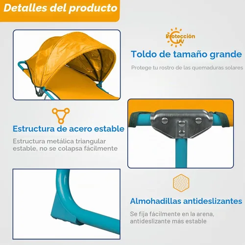 Vista 4 de Northroad Sillón de playa con toldo y toldo plegable, ajustable en 4 posiciones, silla de bronceado plegable para exteriores, tumbona resistente al